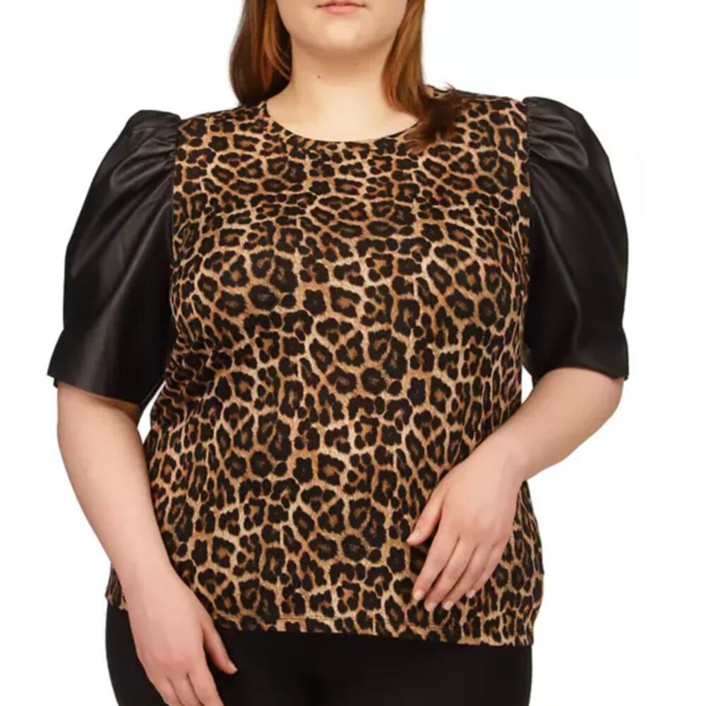 MICHAEL Michael Kors Animal Print Nubian Leather Sleeve Shirt Size P/S NWT
